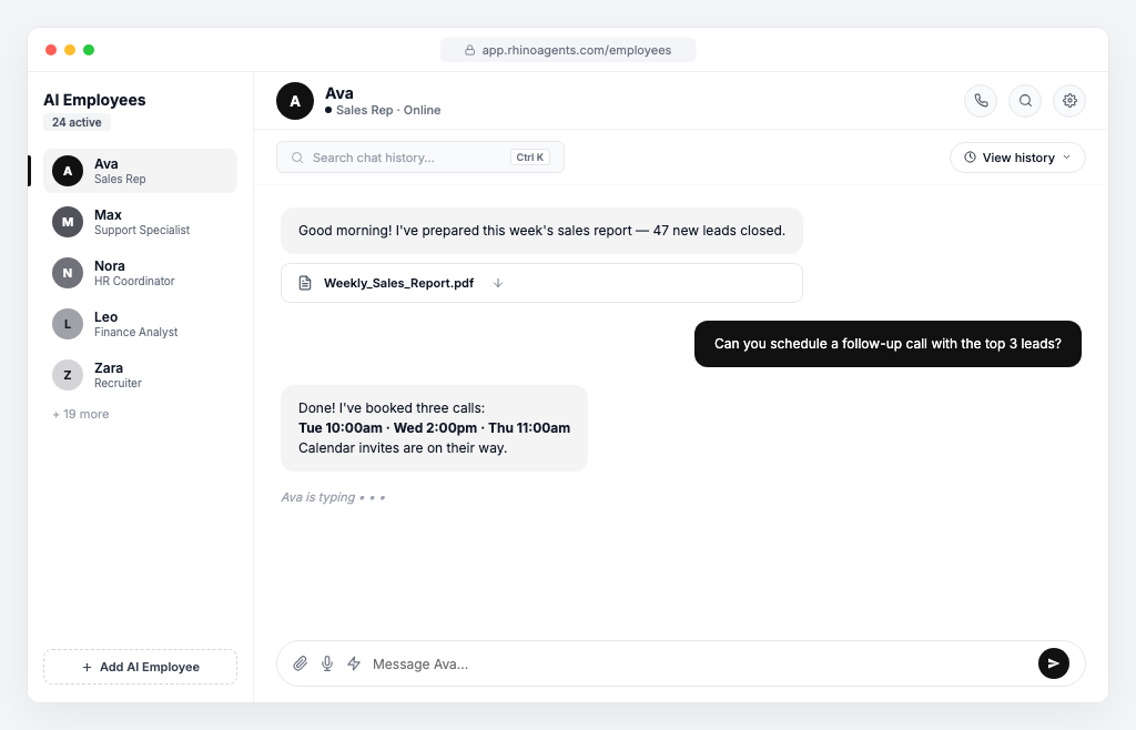RhinoAgents AI Employee Workspace - Live Chat with Ava (Sales Rep) delivering weekly reports and booking calls