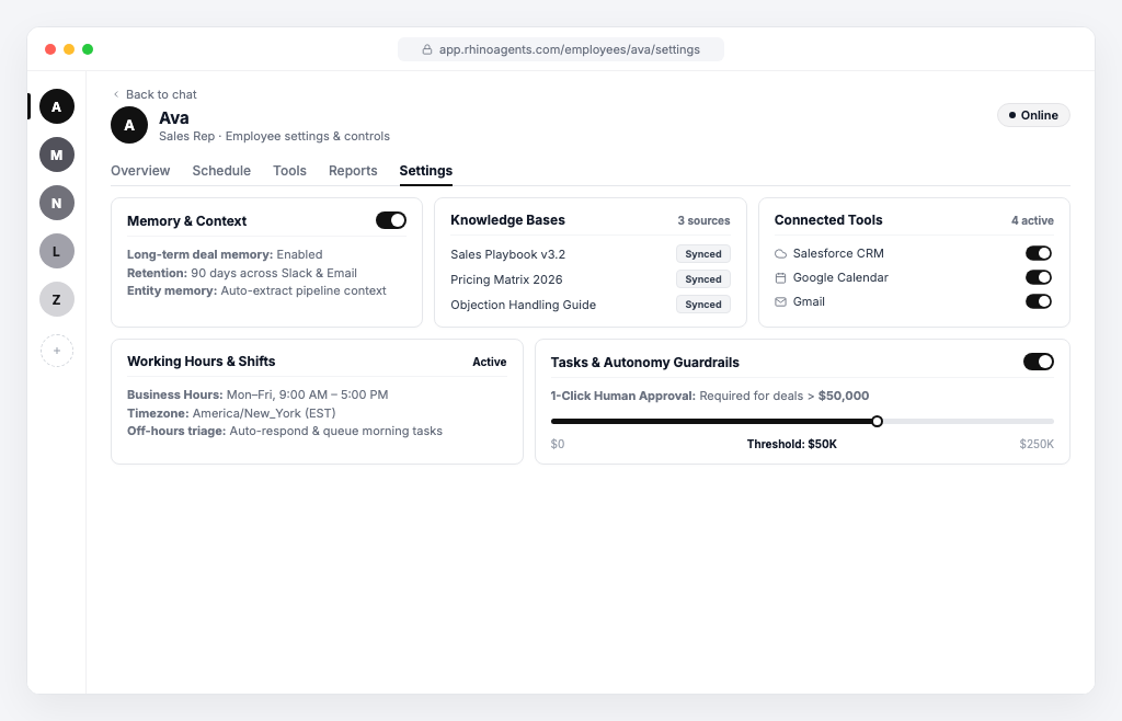 RhinoAgents AI Employee Settings - Controls for Memory, Knowledge Bases, Tools, Schedules, and Guardrails