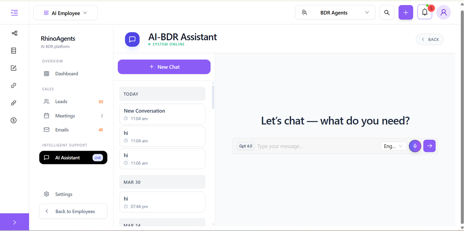 AI BDR Assistant chat interface providing real-time sales support