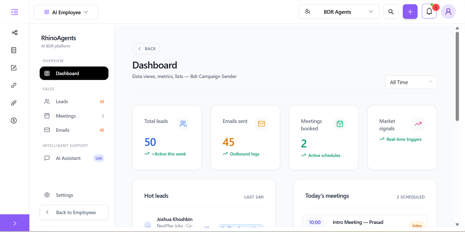 AI BDR Agent real-time performance dashboard showing meetings booked, outreach stats, and pipeline health