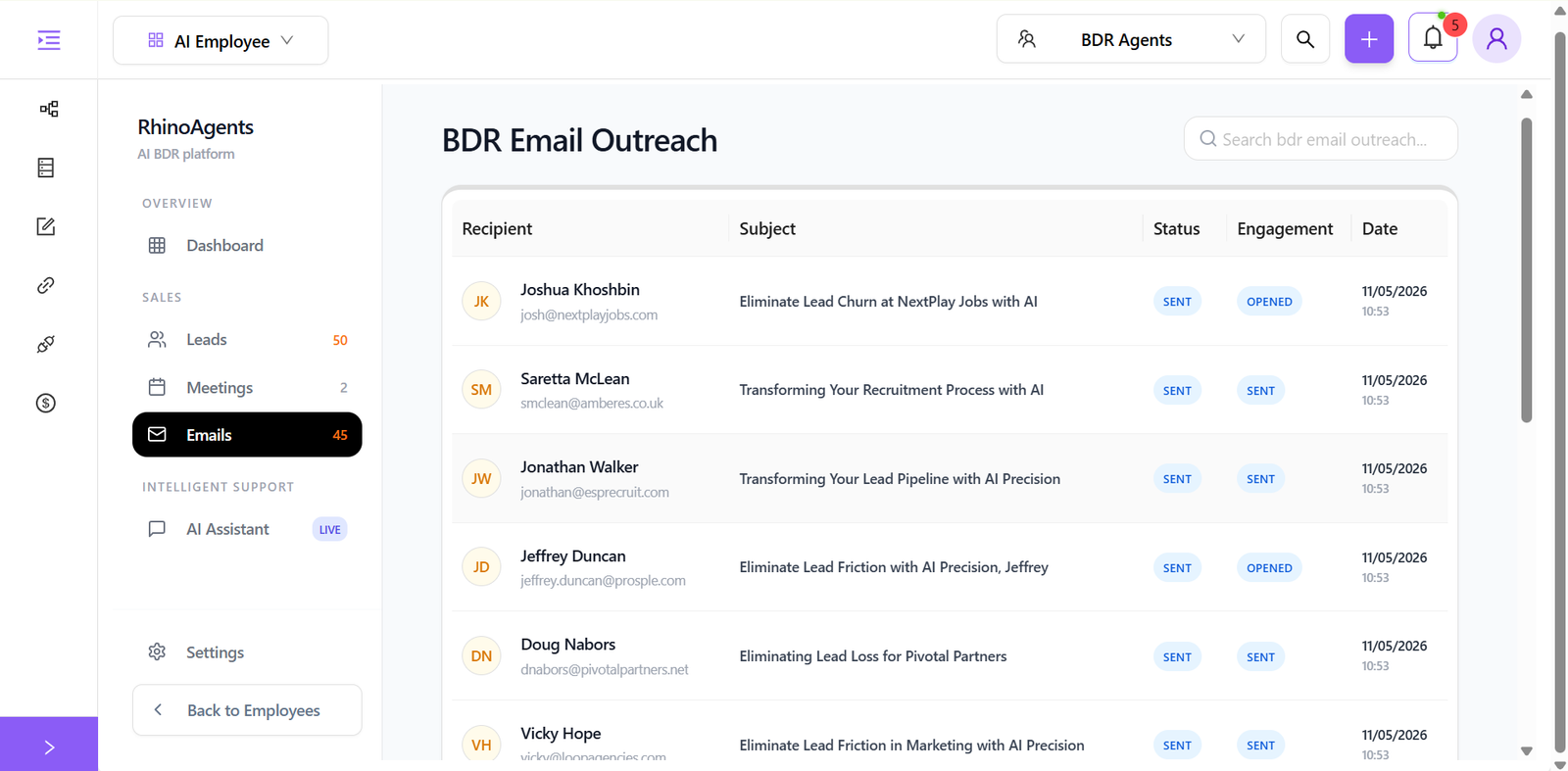 AI BDR Agent email outreach automation showing personalized cold email sequences and reply tracking