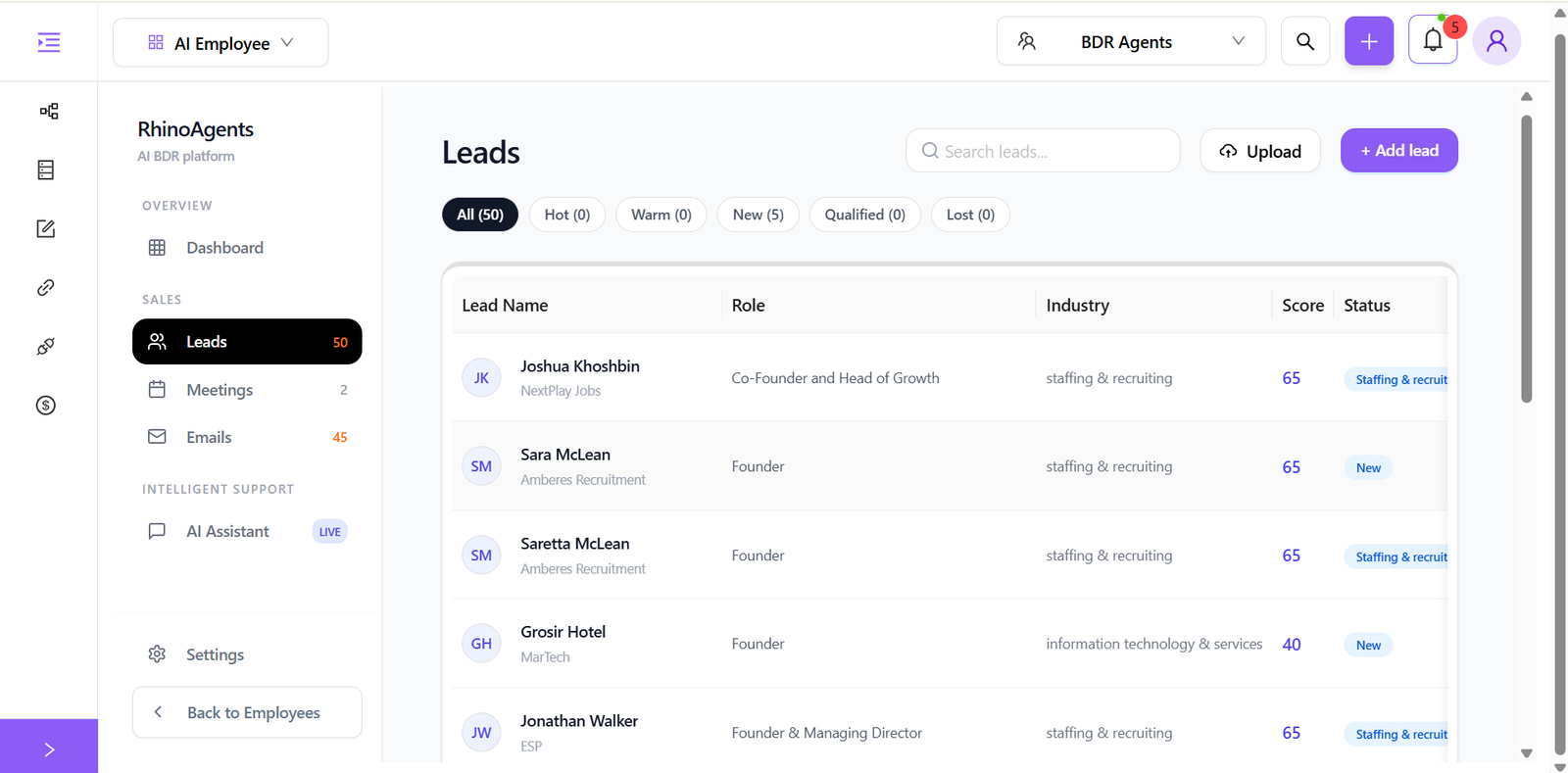 AI BDR Agent lead management screen showing ICP-filtered prospects with enrichment data