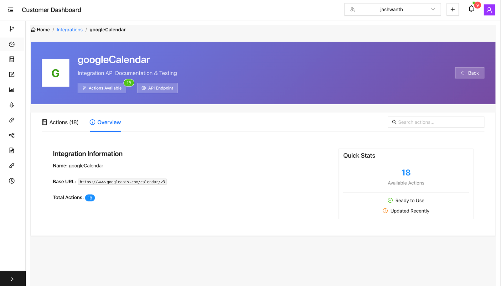 Integration Actions List UI
