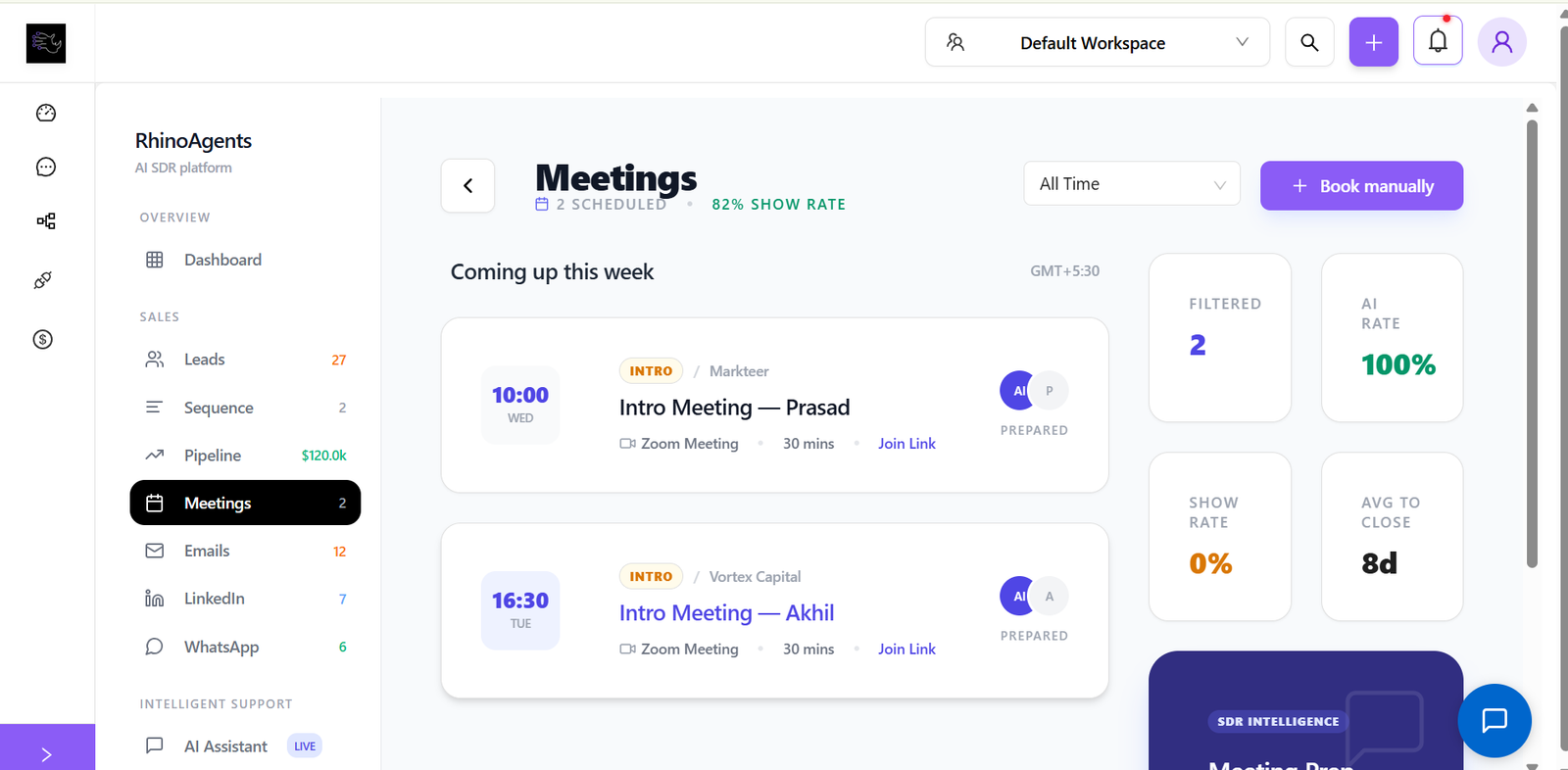 AI SDR Agent automated meeting booking interface showing calendar integration and scheduled meetings