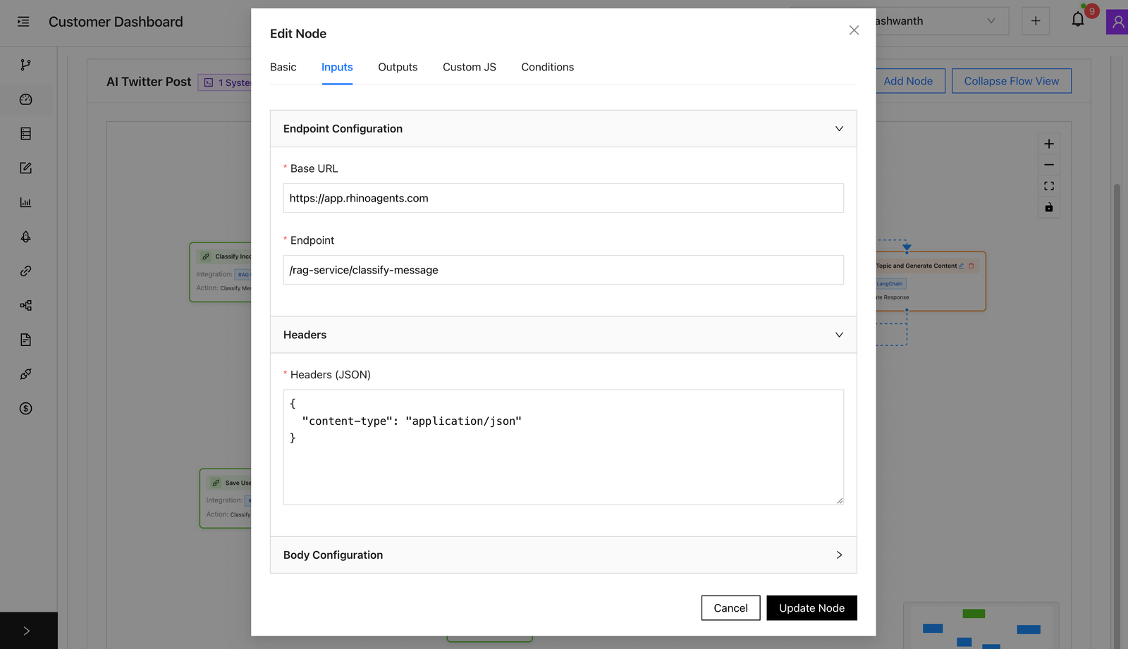 Node input configuration