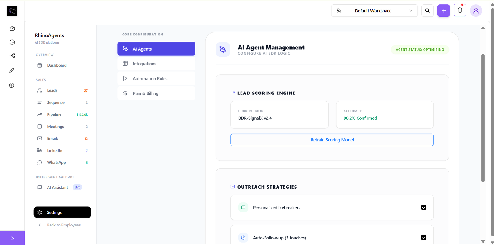 AI SDR Agent settings panel for ICP configuration, outreach cadence, and integration management