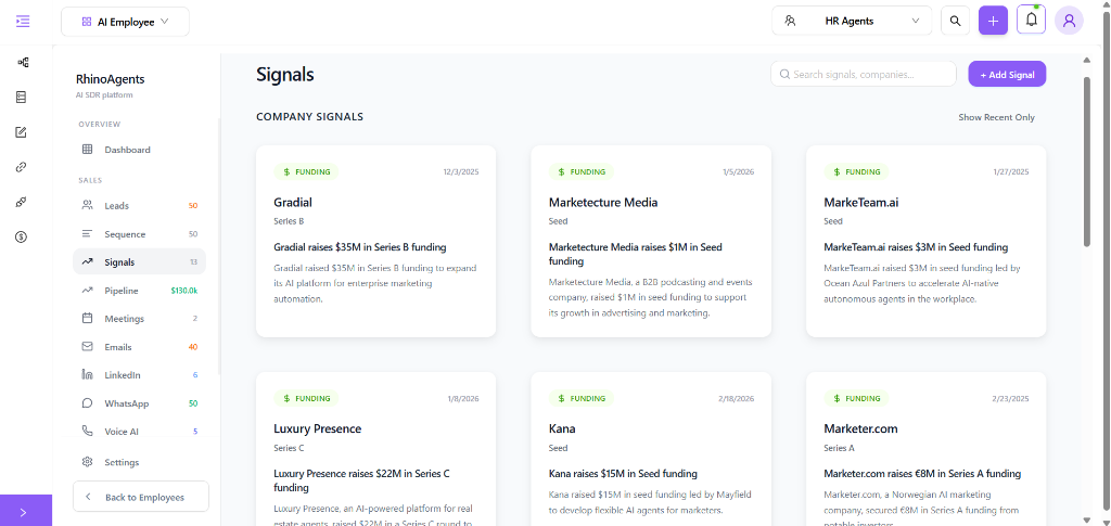 AI SDR Agent tracking company signals and intent data like recent funding rounds